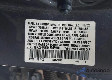 2021 Honda Insight Ex из США, поврежденный, VIN 19XZE4F54ME006948